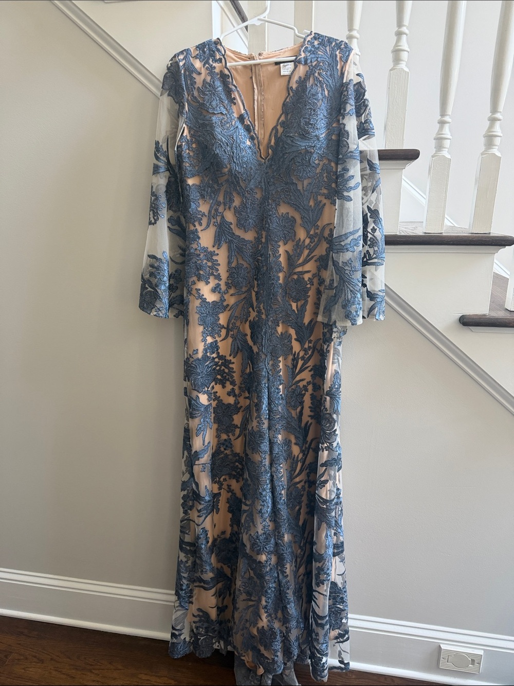 Jovani Blue Lace Overlay Gown with Nude Lining